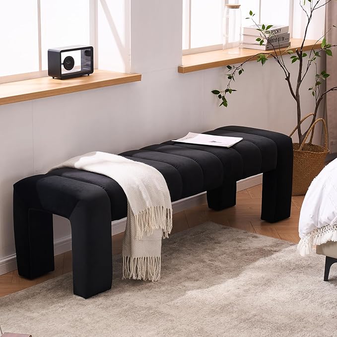 AIITTCC Velvet End of Bed Bench Upholstered Modern 59" Bedroom Bench for King Bed Bench Tufted Window Bench Comfy Long Ottoman for Living Room/Entry/Indoor(Black, 59" Wide)