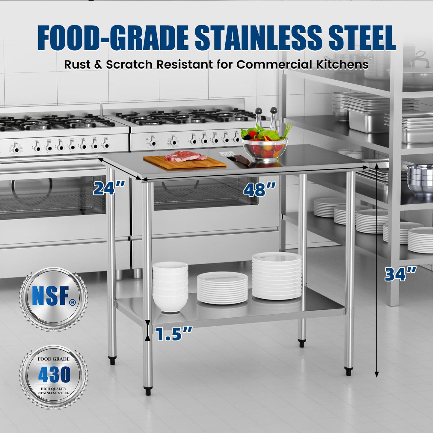 Stainless Steel Work Table 24 x 48 Inch with Adjustable Undershelf, Heavy-Duty Metal Prep Table for Commercial Kitchen & Restaurant, Garage, Outdoor