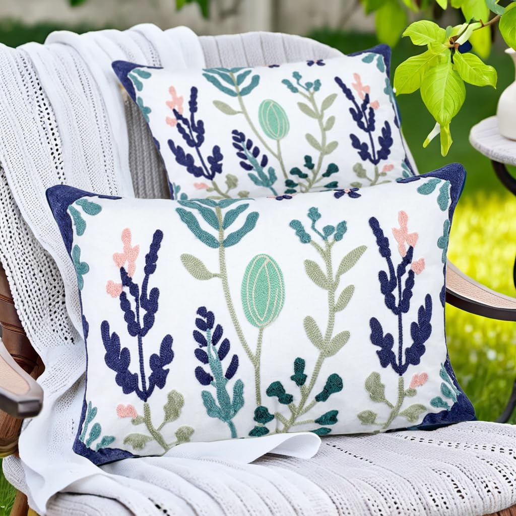 kittmin Summer Embroidered Outdoor Throw Pillow Covers – Set of 2, 12x20 Inch, Cotton, Botanical Floral Cushion Cases, Blue & Green Decorative Lumbar Pillows for Patio, Sofa, Bed & Couch(Leaf)