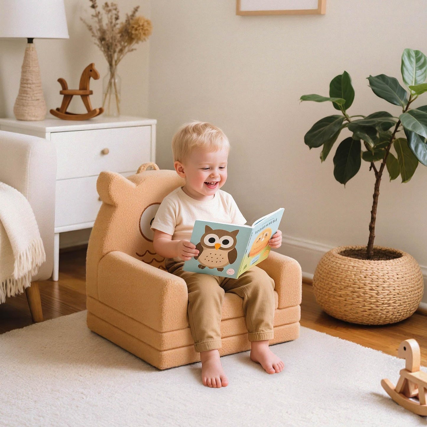 Tivellary Toddler Couch, 3-Fold Convertible Kids Couch with Cute Owl Design, Fold Out Toddler Chair for 1-3 Years Old, Soft Baby Sofa Bed for Playroom, Washable Cover