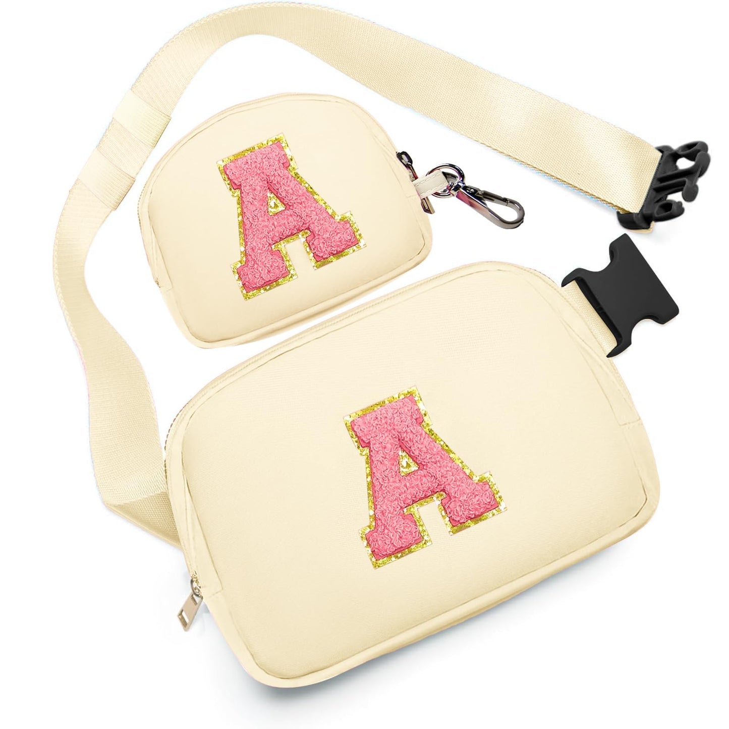 Birthday Gifts for 4 5 6 7 8 9 10 11 12 13 Year Old Girls, Crossbody Bags Fanny Pack with Initial Letter Patch Cute Stuff for Women Girls Teens (A, Cream)
