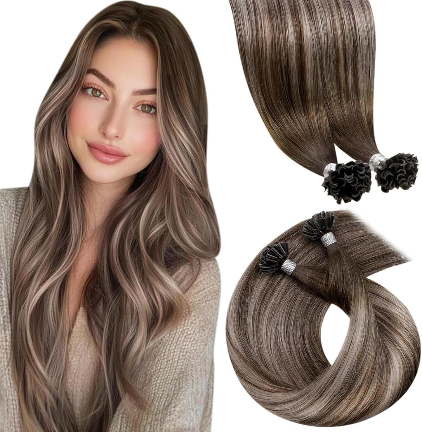 LaaVoo U Tip Hair Extensions Human Hair Dark Brown Mix Ash Brown K Tip Hair Extensions Hot Fusion Balayage Ktip Human Hair Exten