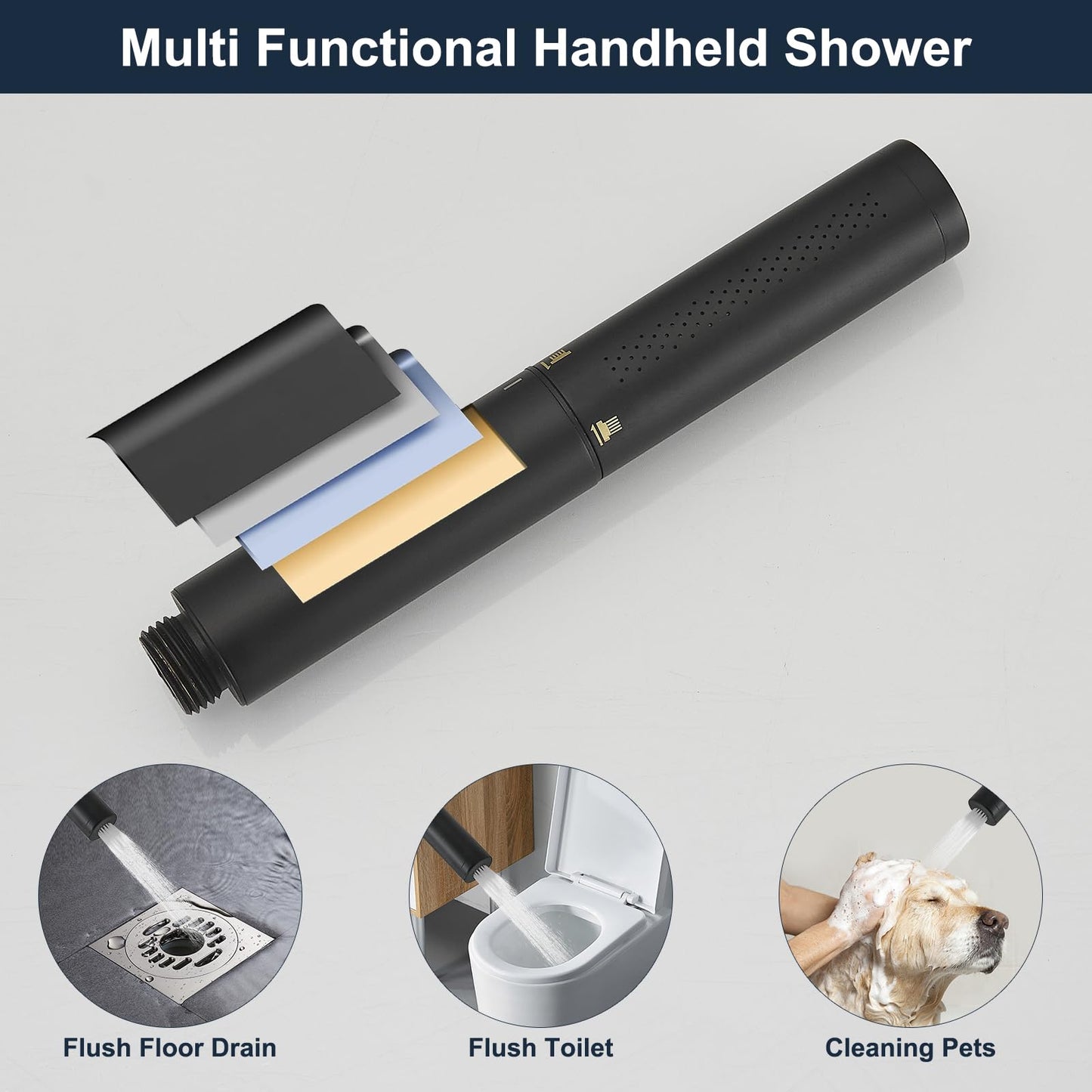 Kroias Matte Black Freestanding Waterfall Bathtub Faucet High Flow Standing Tub Filler Floor Mount Brass Stand Bathtub Filler Single Handle Bathroom Floor Mounted Tub Faucets with Handheld Shower