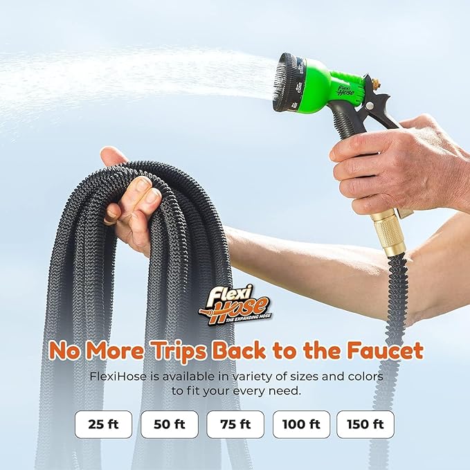 Flexi Hose Plus Expandable Garden Hose with 8 Function Nozzle, 100FT - Lightweight Retractable Garden Hose, Water Hose - No-Kink Flexibility, 3/4 Inch Solid Brass Fittings Includes Hook & Bag