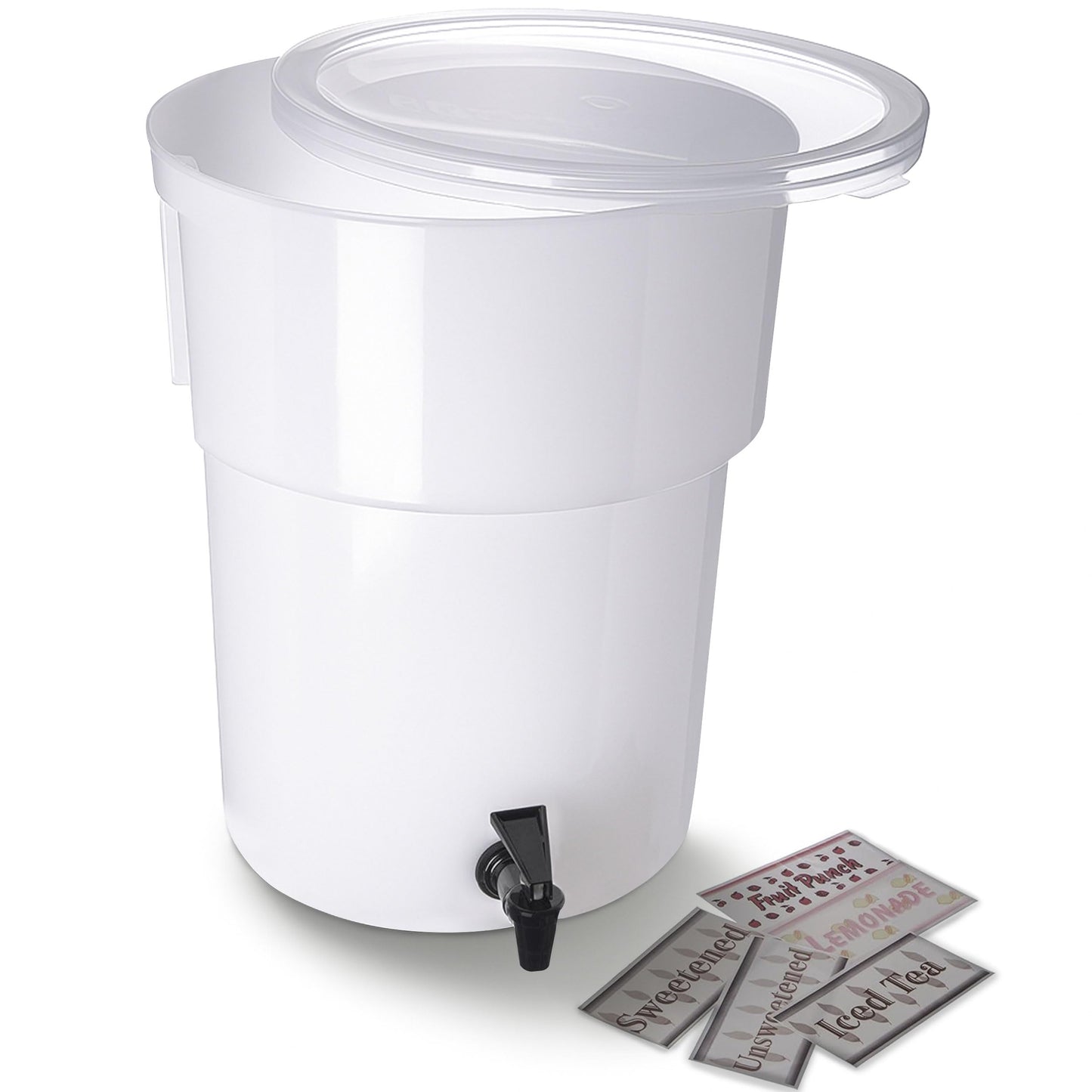 Carlisle FoodService Products Round Beverage Dispenser Drink Dispenser with Spigot for Catering, Plastic, 5 Gallons, White