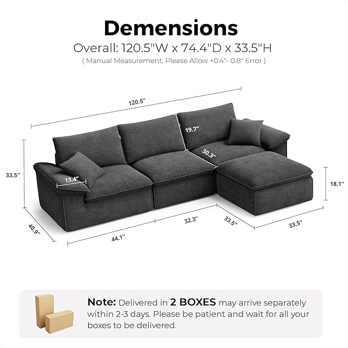 LIKIMIO 120" L-Shaped Modular Sectional Sofa, Cloud Sectional Couch with Deep Seat, Comfy Teddy Upholstery, Oversized 3-Seater with Ottoman, Boneless Couch for Living Room, No Assembly, Dark Grey