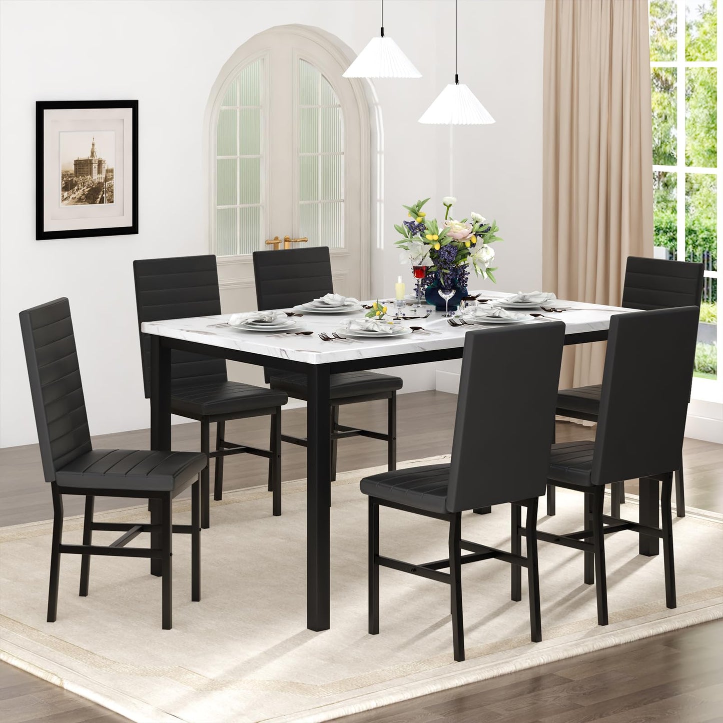 Recaceik Dinner Table Set for 6,Faux Marble Dining Room Table Set,7 Piece Dining Table Set for 6 with PU Leather for Kitchen and Dining (White & Black)