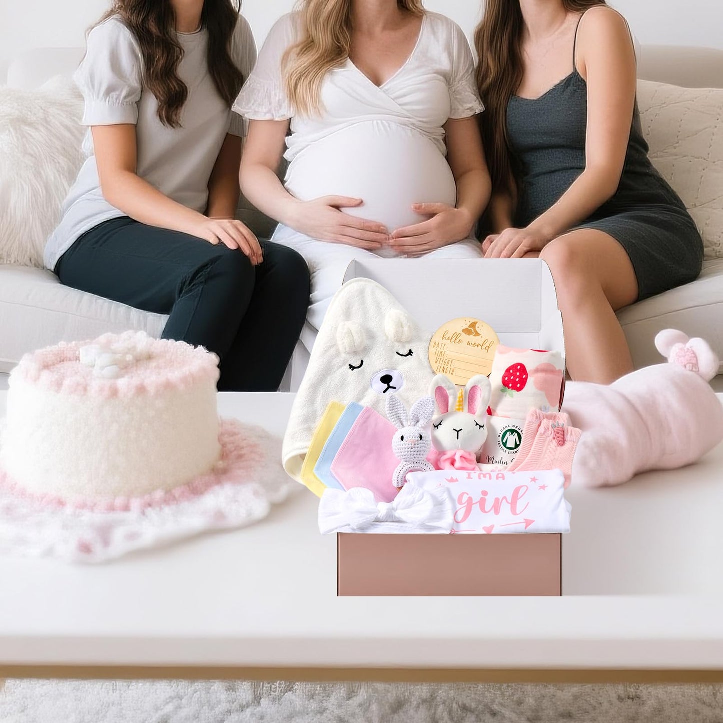 Encausto Baby Girl Gifts Basket, Newborn Girl Essentials for Baby Shower, Hooded Bath Towel, Muslin Swaddle Blanket, Girl Bodysuit, Bunny Rattle, Lovey, Baby Bibs, New Mom Gifts Box for Women