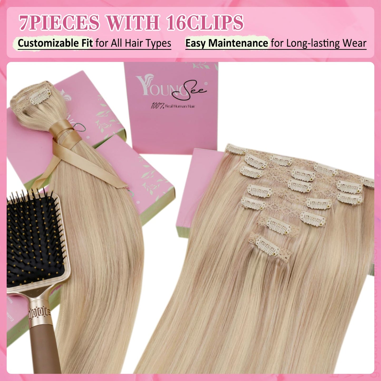 YoungSee Blonde Clip in Hair Extensions 20 inch Blonde Hair Extensions Clip in Highlights #18/613 Blonde Clip in Hair Extensions