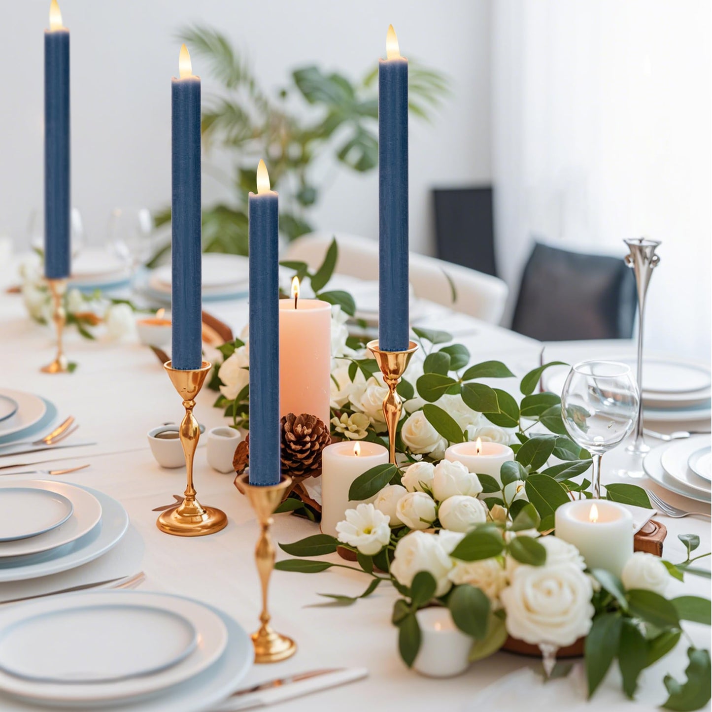 SEHNSY Flameless Taper Candles with Remote, Real Wax Battery Operated LED Candles Set with 3D Flickering Flame, 9.6" Realistic Dripless Candlesticks for Wedding Home Decor, 3 Pack Blue