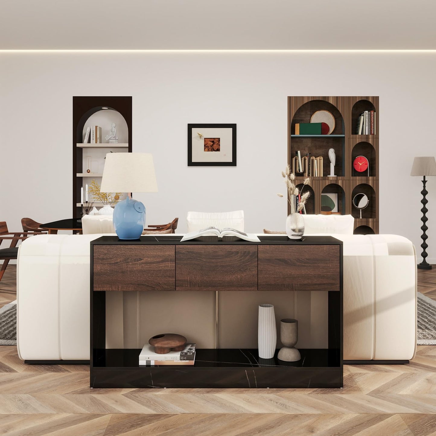 LAZZO 51" Long Console Table 3 Drawers Entryway Sofa Table with Storage and Open Shelf Behind Couch for Living Room, Foyer, Hallway, Entry Black and Office Marble Black and Brown