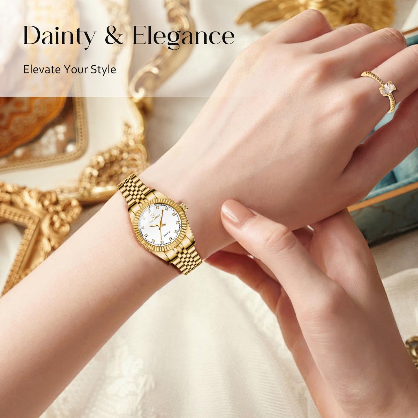 Timever Gold Womens Watch Set, 18K Gold Plated Bangle Bracelets Ring for Women, Dainty Ladies Wrist Waterproof Analog Watch with Luminous, Valentine Anniversary Birthday Gifts for Women