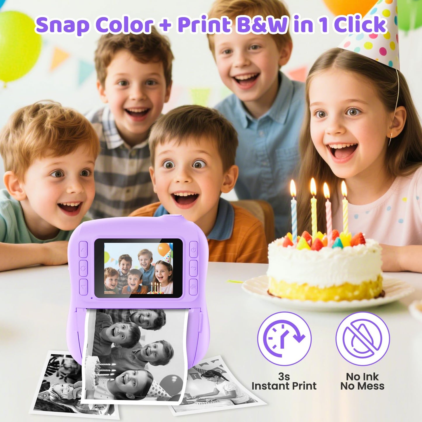 Instant Digital Camera for Kids, Kids Camera Instant Print, 48MP Toddler Digital Camera 1080P HD Video Toys Camera Gift Idea for Girls Boys 3-12(Purple)