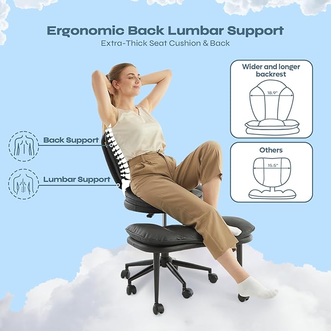 Ergonomic Cross Legged Office Chair for ADHD, Kneeling Chair with 360° Swivel Wheels and Reversible Seating for Meditation, Adjustable Height and Seat Deapth, Teddy Fabric, Black
