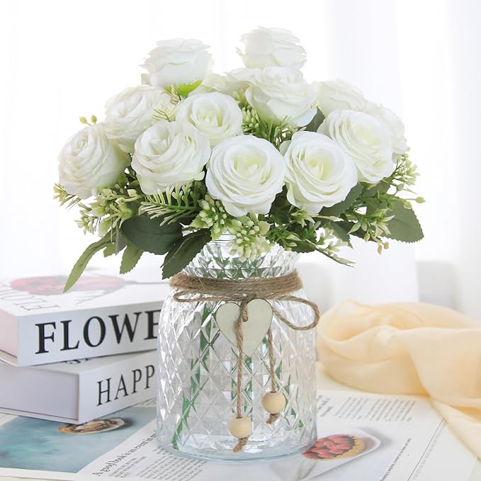Leayiuvan Fake Flowers in Vase,Fake Flowers with Vase 18 Pcs Faux Rose Flowers,Artificial Flowers for Home Decor, Indoor C...