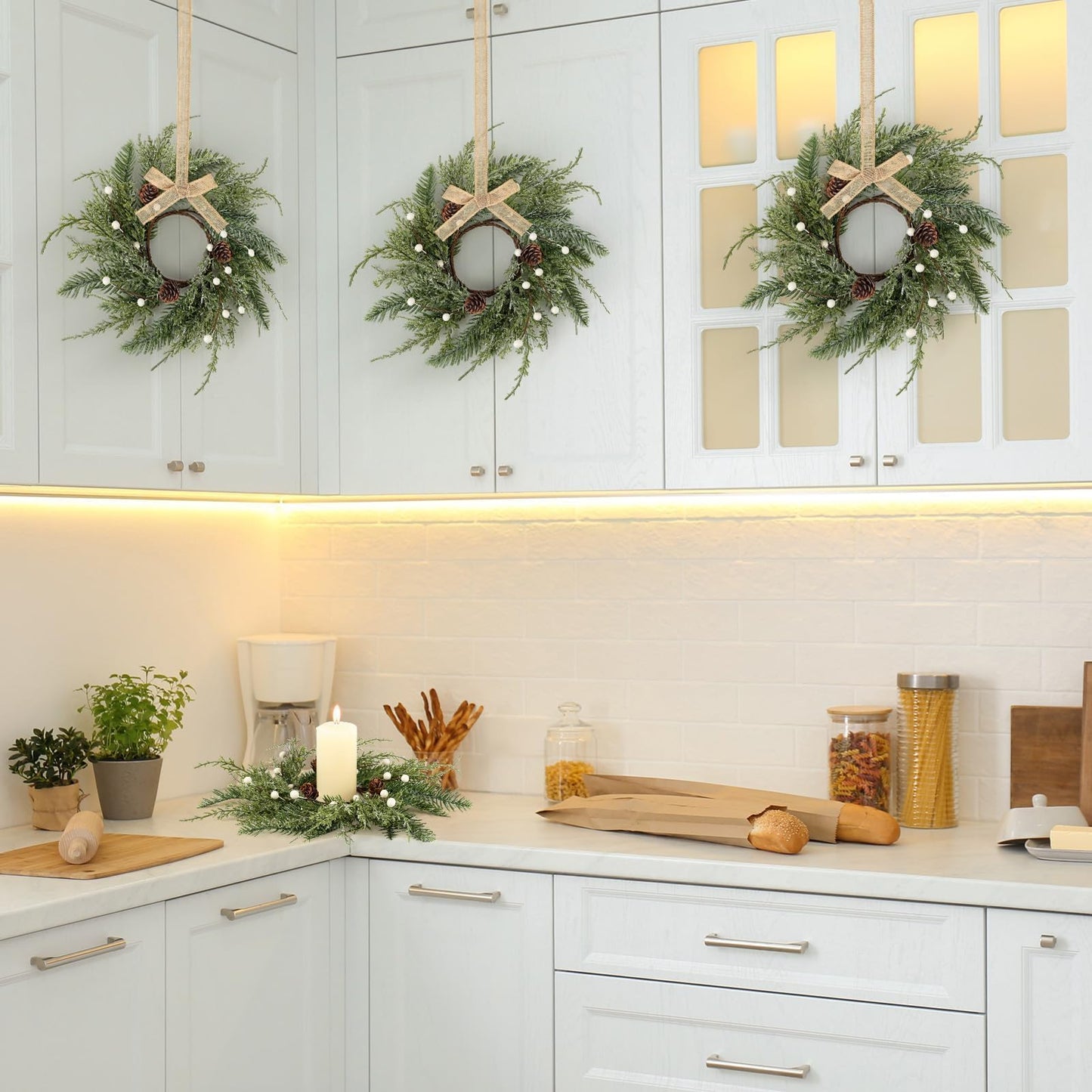 6 PCS Christmas Wreath Candle Rings Mini Wreath Pine Garland Artificial Frosted Cedar and Pine Cone Candle Rings Holder for Christmas Wedding Home Table Centerpiece Door Window Chair Wall