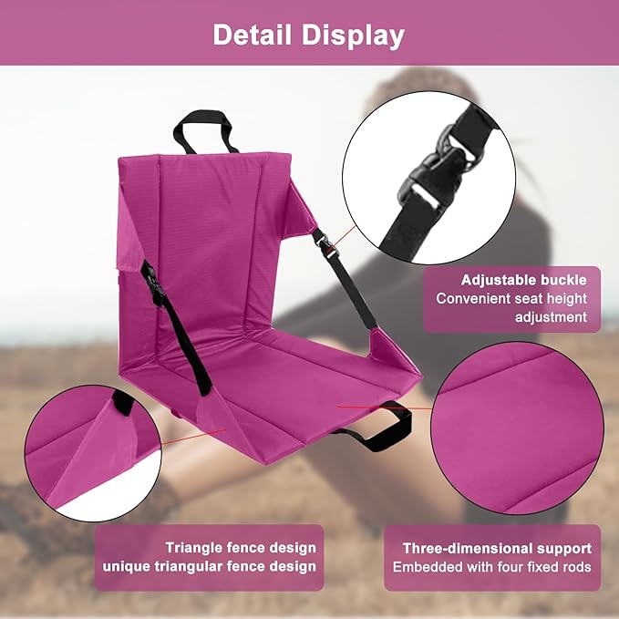 LynsaTac Folding Stadium Seat Cushion with Backrest, Portable Bleacher Pad for Camping, Fishing,15.8'' x 16.5'',Lightweight Chair with Backrest for Outdoor Sports and Concerts (Rose Pink)