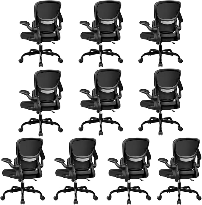 BESTFAIR Office Chair Ergonomic Desk Chair, Breathable Mesh Comfy Chair with Lumbar Support, Computer Chair, Home Desk Chair with Flip-up Armrests, Gaming Chair for Adults Home Office (Black,10Pack)