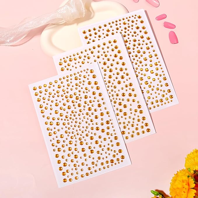 Self Adhesive Face Gems and Pearls for Makeup, Festival Jewels, Hair Gems, Rhinestone Stickers for Face, Eye, Makeup, Nail, Body, Crafts 3/4/5/6 mm 975Pcs (14.gem_Yellow)