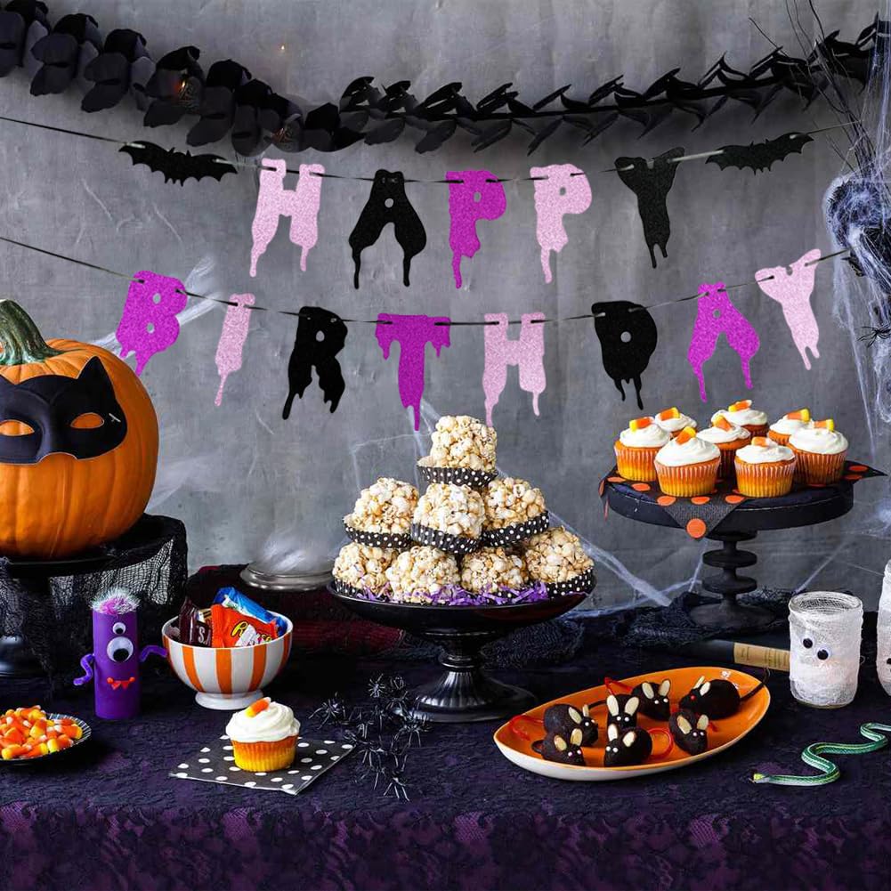 Happy Birthday & Halloween Banner - Pink, Purple, Glitter - Girl 1st Birthday Party Decorations with Spooky Bats