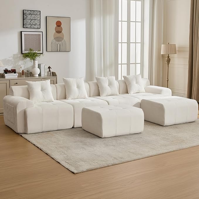 YAAREE 129.23”Modular Sectional Couch for Living Room, Modren L-Shape Cloud Sectional 4-Seater Sofa with 2 Movable Ottomans, Woven Texture Upholstery Boneless Couch, No Assembly, Beige