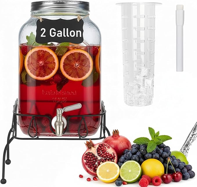 2 Gallon Glass Drink Dispenser with Stand, Ice Cylinder,Stainless Steel Leakproof Spigot and Lid,Glass Beverage Dispenser ...