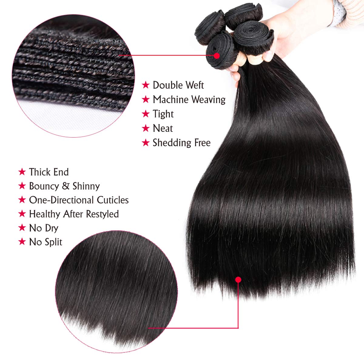Beauhair Brazilian Virgin Human Hair 3 Bundles With (4x 4) Lace Free Part Closure Straight Wave Weft 100% Real Human Hair Extens