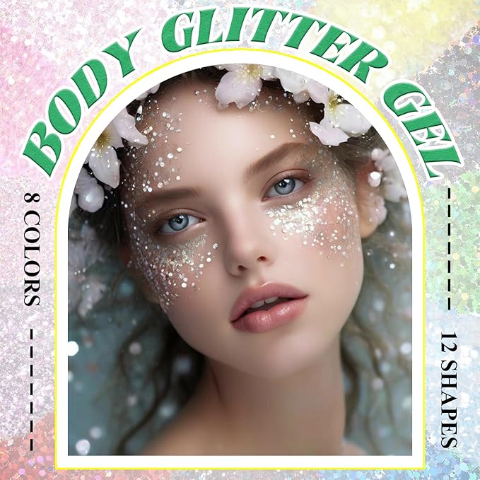 Body Glitter Face Glitter, Hair Glitter for Kids, 12 Shapes Fine Chunky Glitter Gel for Women Girls Makeup Sparkles Party Mermaid Sequins Rave Accessories Singer Concerts (White-Gold-Sliver-Pink)