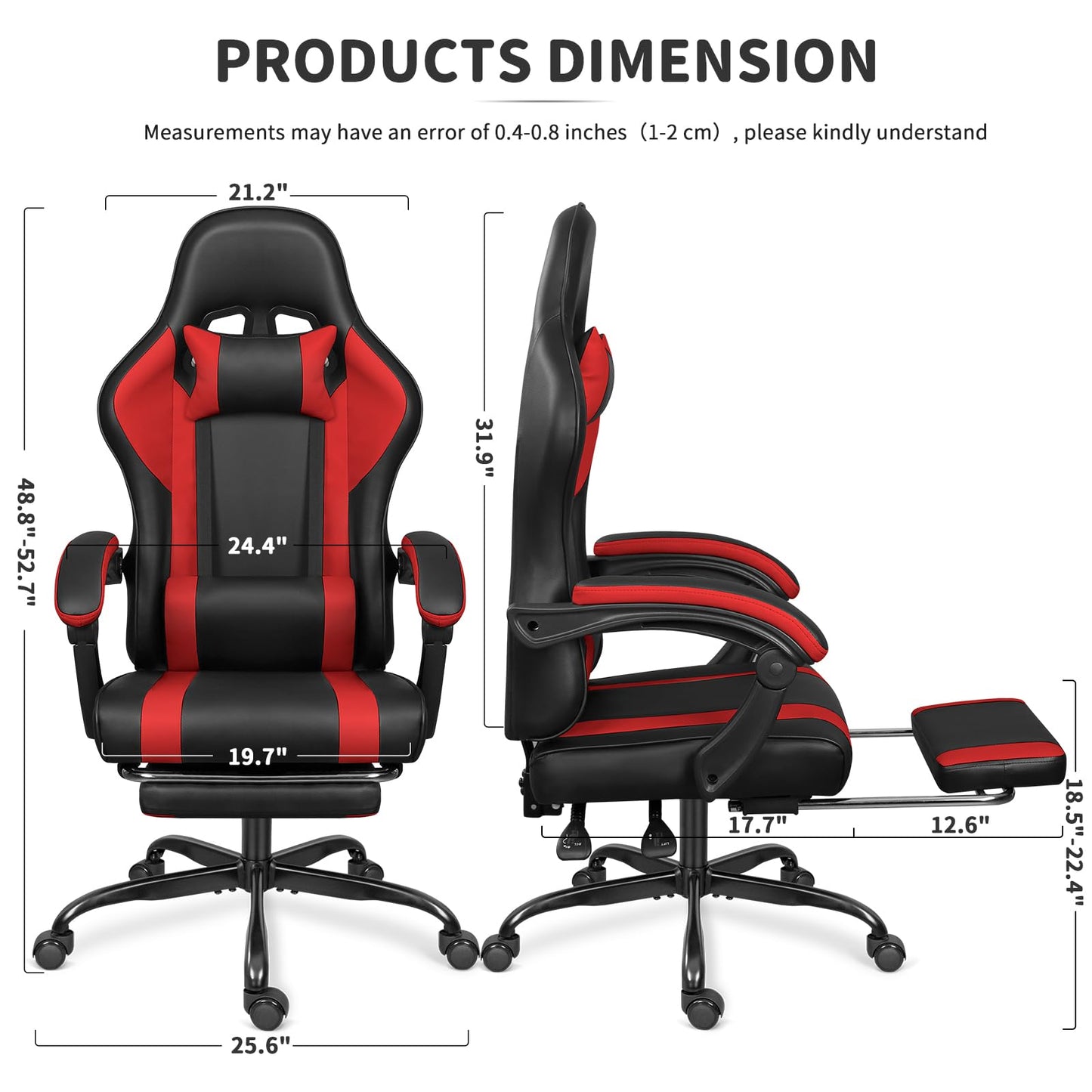 ErgoDesign Gaming Chair with Footrest and Massage Lumbar Support, Height Adjustable Game Chair, Video Gaming Chair for Gaming Room, Living Room and Office - Black/Red
