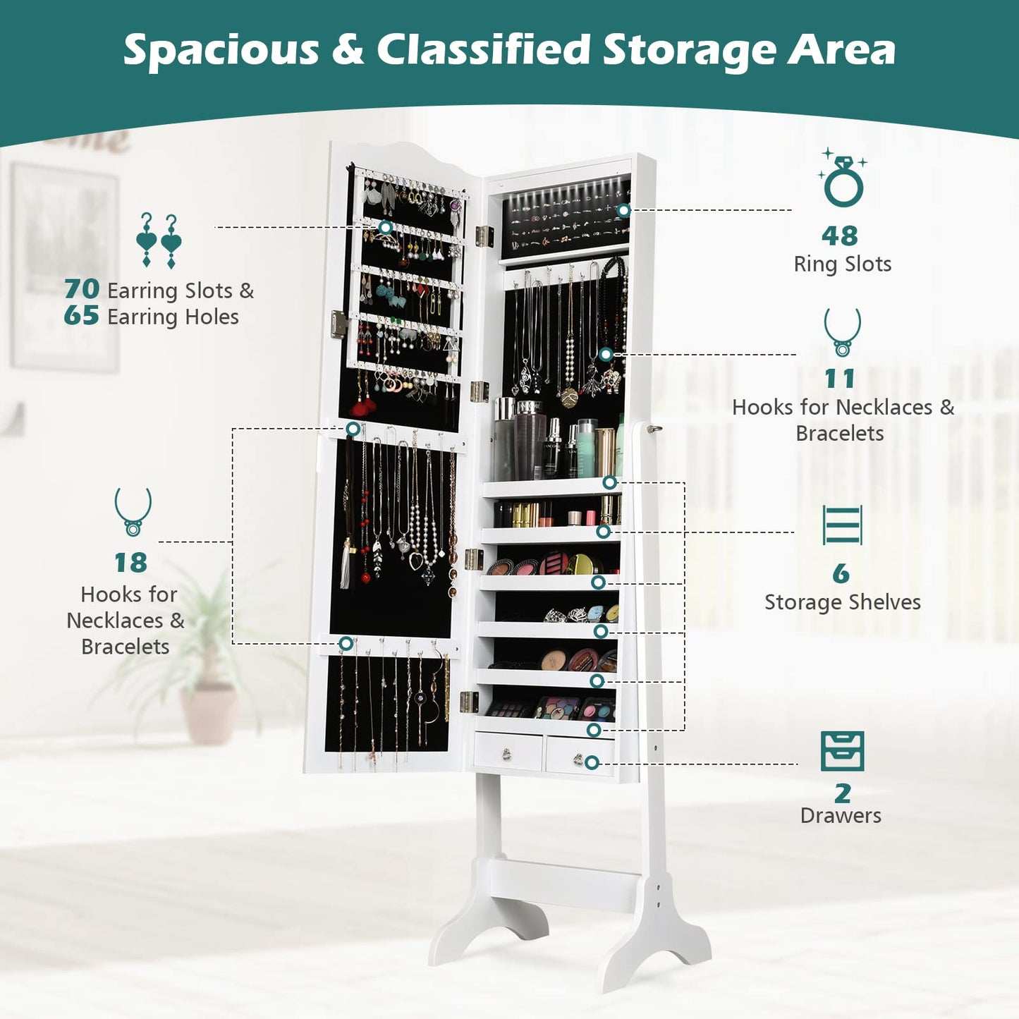 NAFORT Jewelry Armoire, Mirror with Jewelry Storage, 14 LED Lights Jewelry Organizer, Standing Lockable Jewelry Cabinet with Full Length Mirror, Jewelry Organizer with 2 Drawers, White