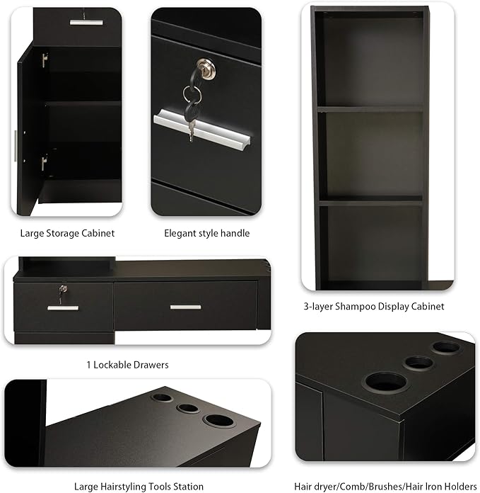 Beauty Salon Barber Station,Wall Mounted Hair Styling Salon Station with 3-Tier Shelf,Hair Salon Spa Equipment with Storage and Cabinet,Black