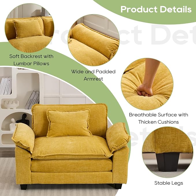 Oprisen Modular Sectional Sofa, Comfy Cloud Couch, Chenille Sofa Sleeper with Deep Seat and Throw Pillows for Living Room (Yellow, 53" - Single Seat)