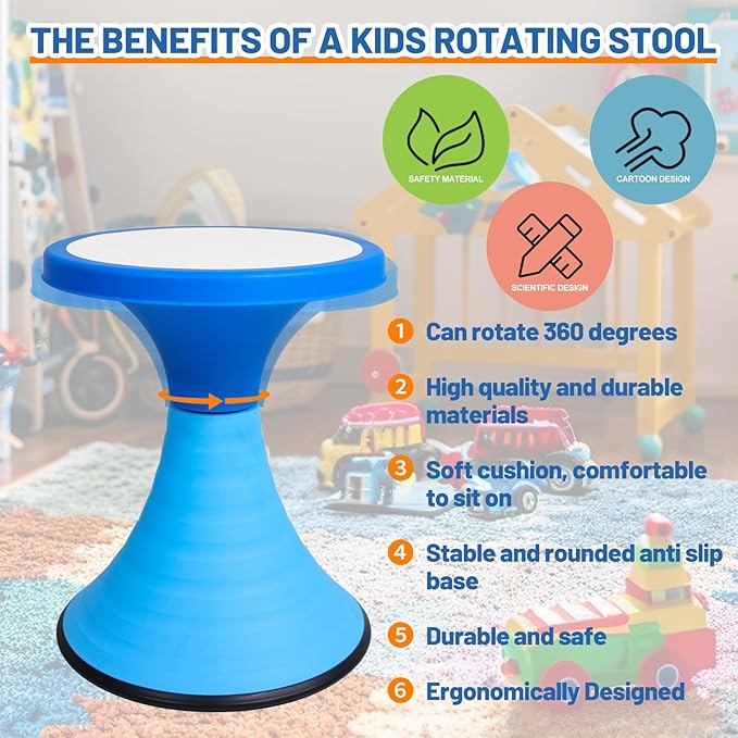 AOBOTE Kids Wobble Stool, 360° Rotatable Children Swivel Chair with Color Block Design, 100KG Load Bearing, for Home and Classroom Learning, Ages 6+ (Blue)