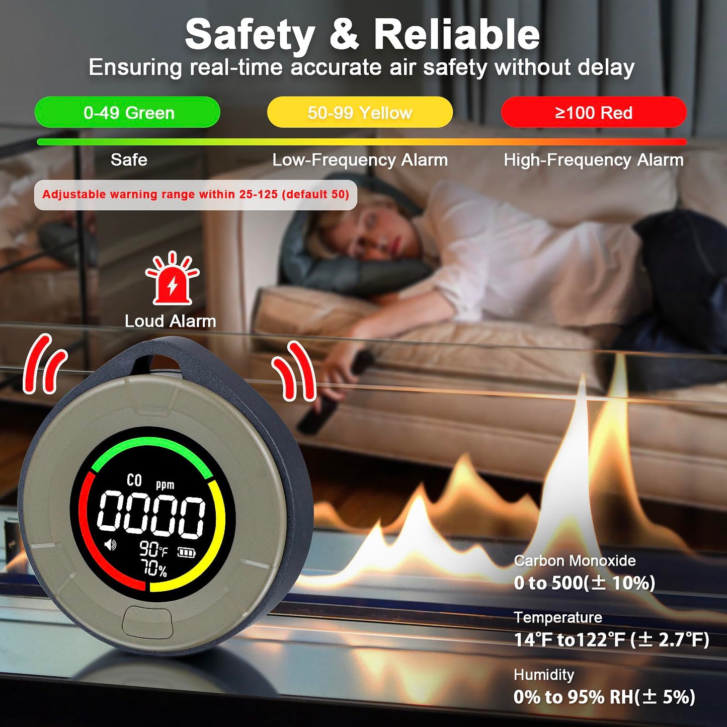 Pildegro 3-in-1 Portable Carbon Monoxide Detector, Professional Rechargeable Real-Time Travel CO Monitor 140HR Standby, Premium Reliable CO Detector with Loud Alarm for Air Safety (Grey/Courage)