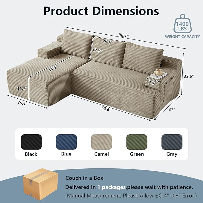 96" Cloud Sectional Couch with L-Shape Chaise, Modern Corduroy Boneless Couch for Living Room,Memory Foam Sofa with Deep Seat,No Assembly Required (Camel,Left-Facing Chaise)