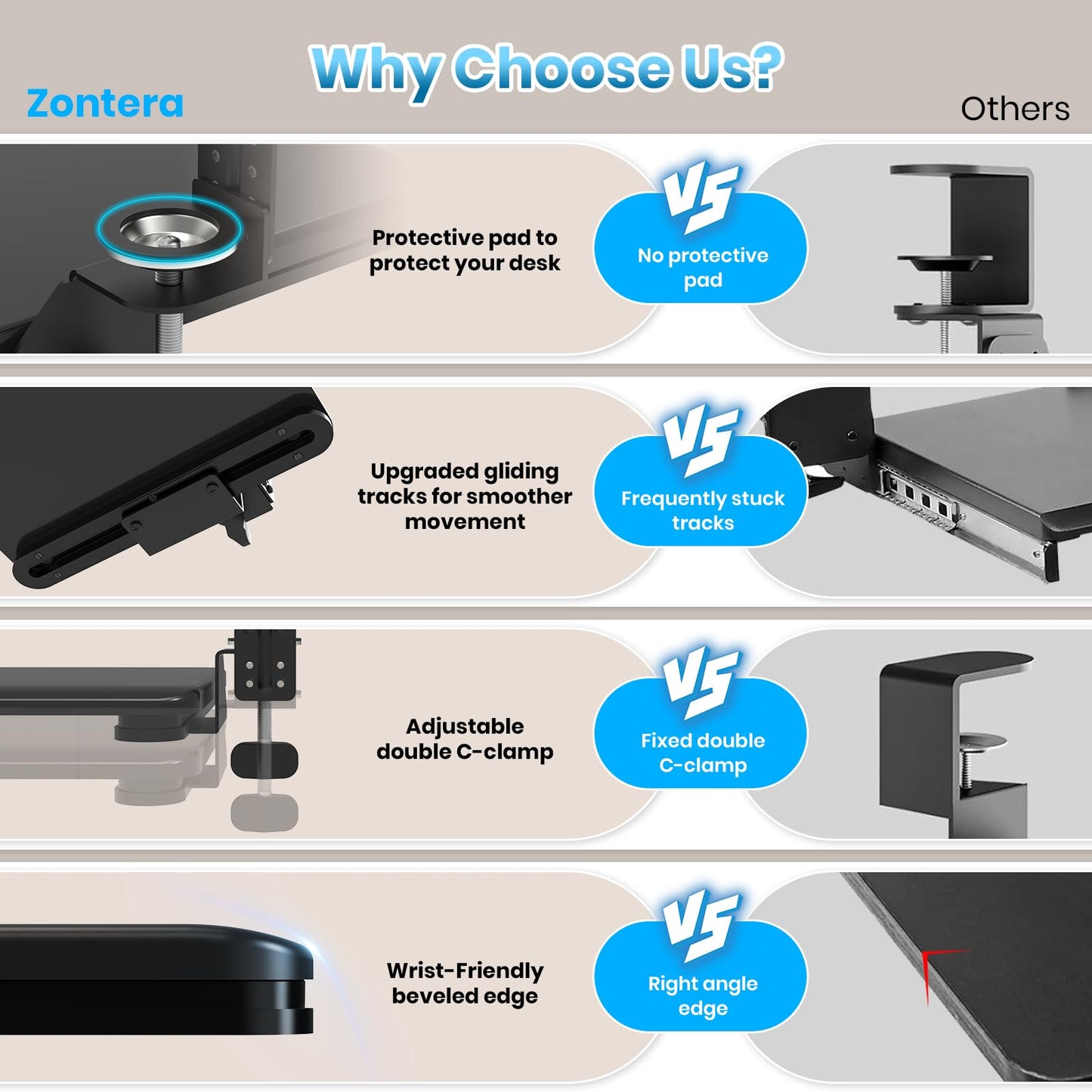 Zontera Large Keyboard Tray That Slides Out from Under The Desk, Pull Out with Adjustable C-clamp, 25.6 x 11.8 Inch Computer Keyboard Drawer Mouse Tray for Typing, Black