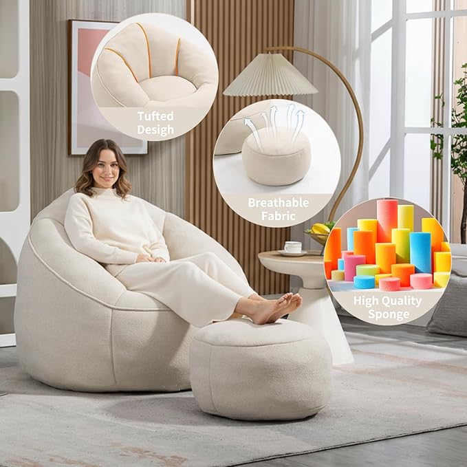 Bean Bag Chairs, Gaint Bean Bag Couch with Memory Foam for Adults and Kids, Microfiber Upholstered Sofa with Ottoman, Comfy Lazy Bean Bag Reading Chair for Living Room