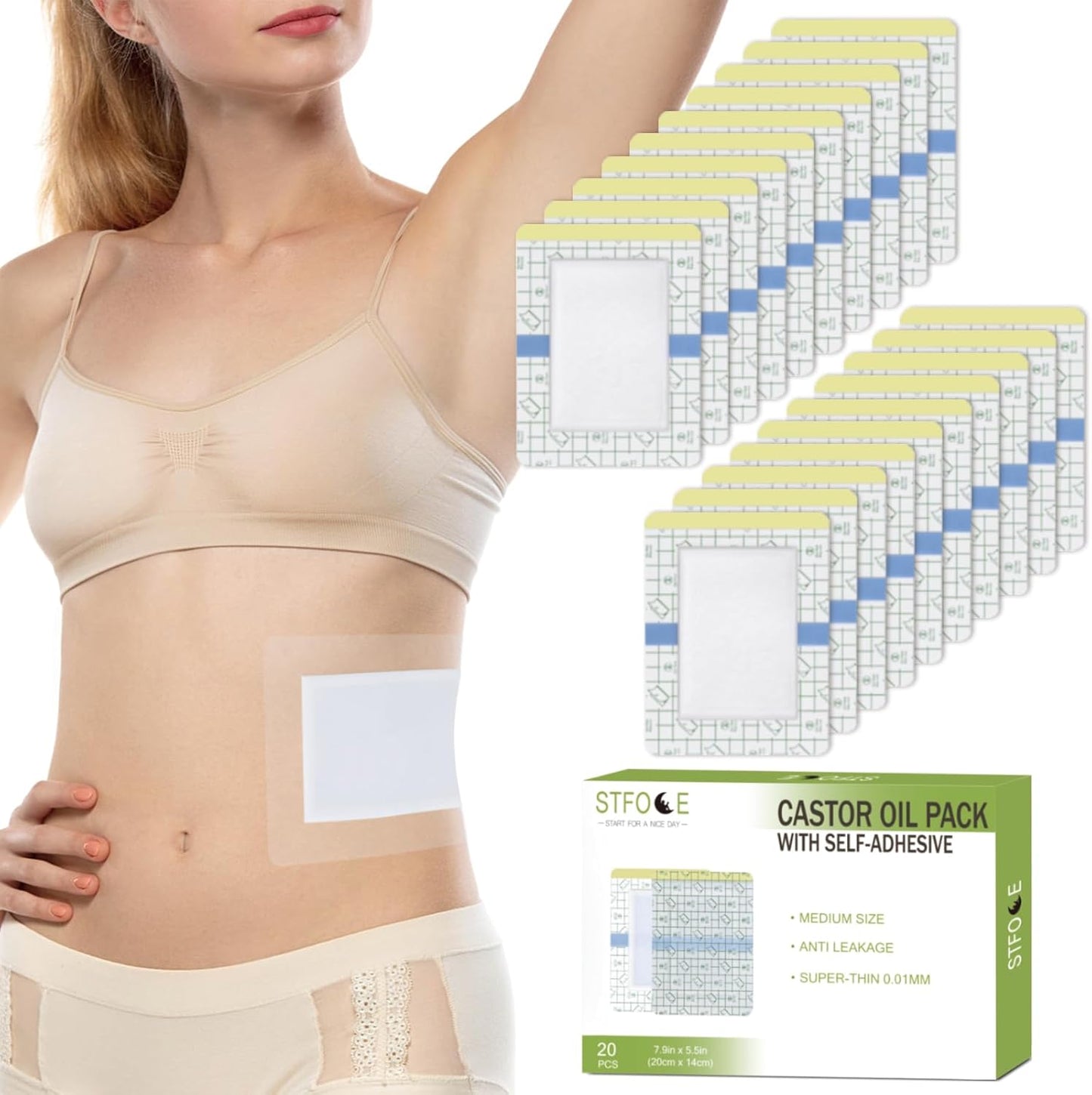 Castor Oil Pack Wrap - 20 Pack, Medium Size 7.9"x5.5", Transparent Film, Portable for Home & Travel, Gentle on Skin - Oil Not Included
