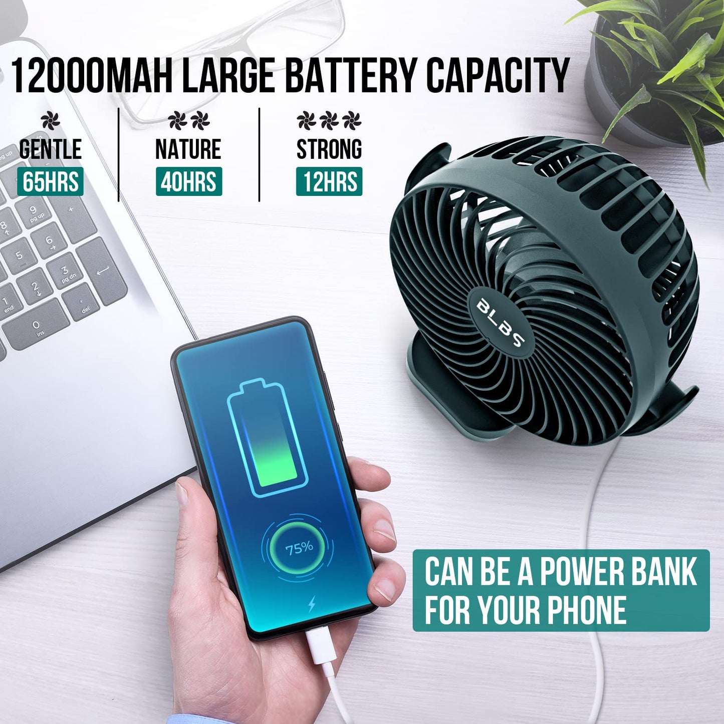 Blbs Rechargeable Camping Fan - 65H 12000Mah With Output Ports, Hanging Hook, 360 Head Rotation For Tents, Camp, Green