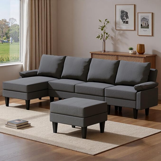 Topcomfy U-Shaped Sectional Couches for Living Room, Convertible 4 Seat Modular Sectional Sofa Set with Ottoman, Modern L Shaped Couch with Chaise for Apartment and Office, Polyester Dark Gray