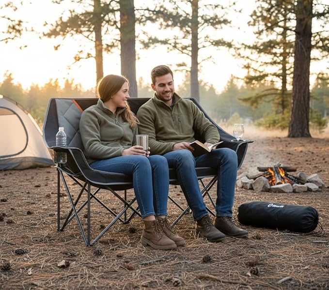 EMERIT Oversized Camping Chair with 650LB Capacity - Heavy Duty Folding Loveseat Camping Couch with Deep Seat & Rip-Resistant Fabric, Padded Comfort, Cup Holders for Outdoor, Lawn & Sports. | 650lb capacity, ripstop polyester, No center bar, cross-brac...