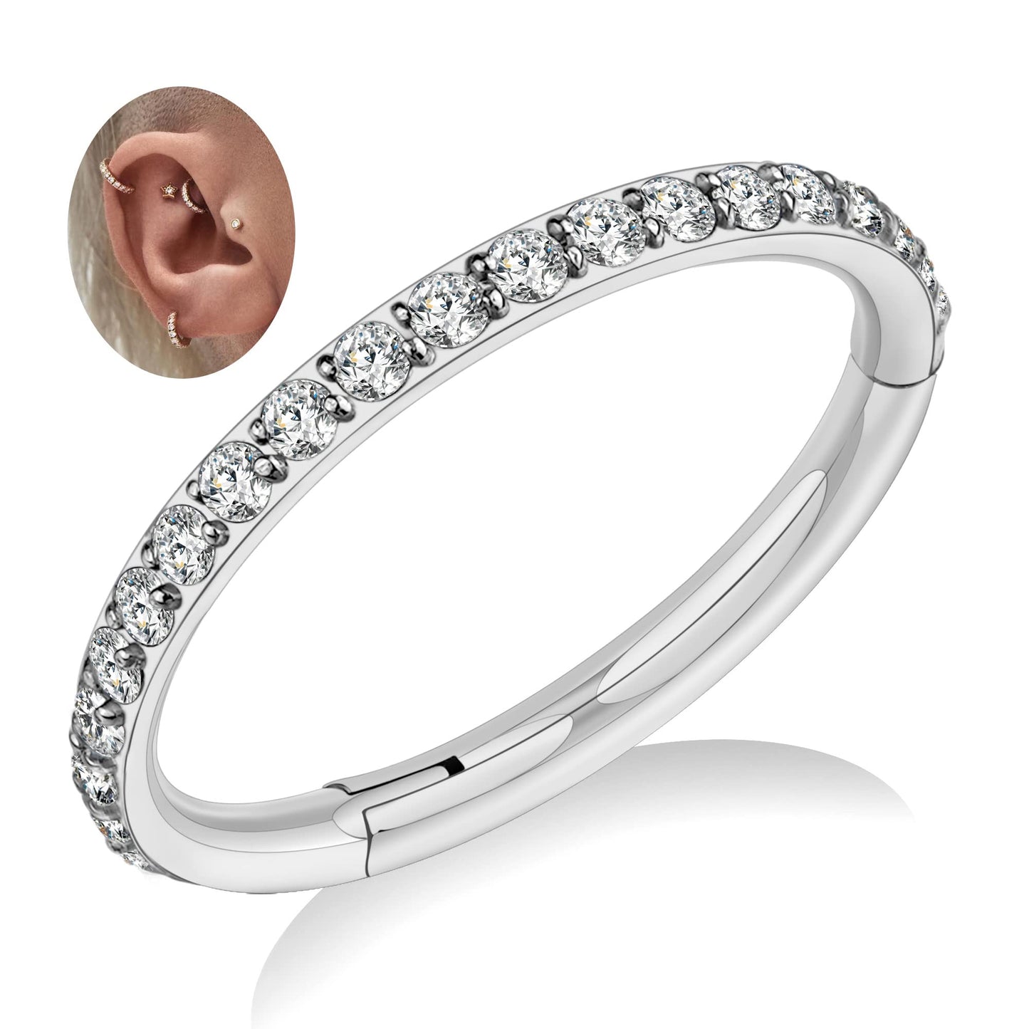 FINE4U 16G 10mm Conch Piercing Jewelry Hoop - ASTM F136 Titanium Hinged Conch Piercings Hoop Earrings, Clicker Cartilage Ring