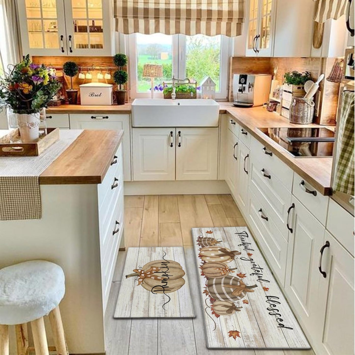 Fall Kitchen Rugs Fall Entrance Door Mat Pumpkin Non Slip Kitchen Rug Anti Fatigue Mats for Kitchen Floor Waterproof Washable Rug Runner for Kitchen Laundry17x30+17x47inch