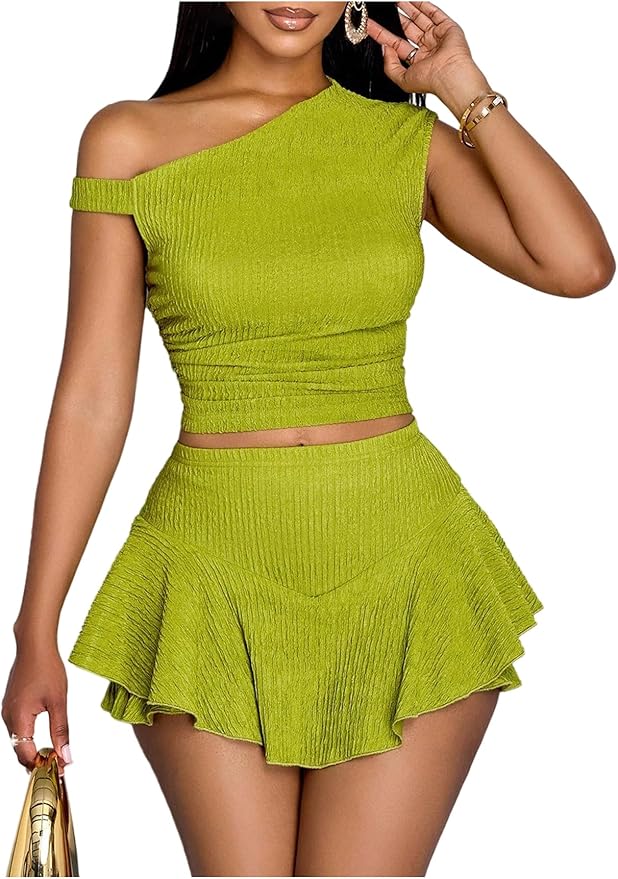 WDIRARA Women's One Shoulder Asymmetrical Tank Top and Layered Ruffle A Line Mini Skirt Sets 2 Piece Outfits