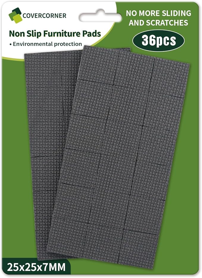 COVERCORNER Non Slip Furniture Pads 36 PCS 1'' Square - Anti Slip Furniture Pads - Self Adhesive Rubber Feet Furniture Feet - Chair Leg Floor Protectors - Keep Furniture in Place