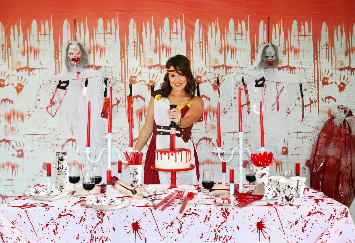 Halloween Party Supplies Decorations Include Bloody Zombie Tablecloth, Paper Plates, Cups, Straw, Napkins, Cutlery - Horror Halloween Birthday Party Decorations Tableware Serves 20 Guests-161CT 1