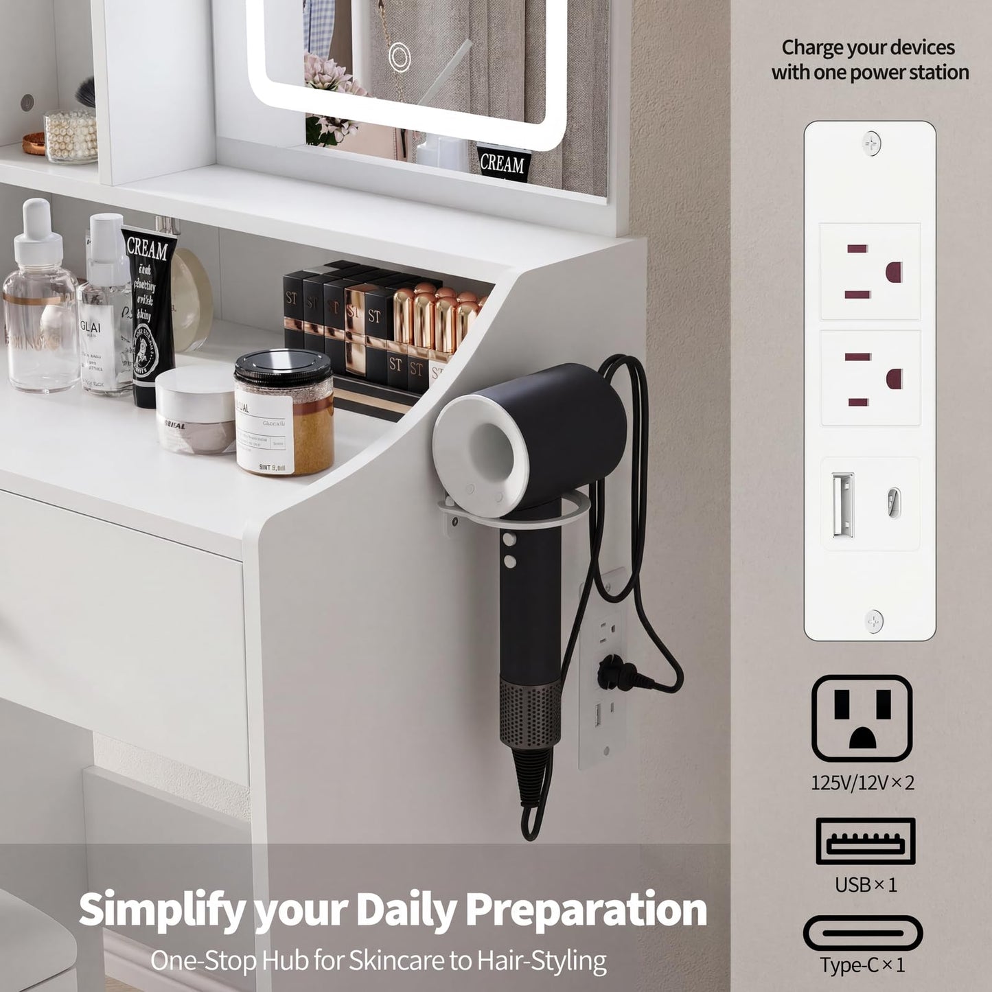 HAPPYMONT Small Vanity Desk with Charging Hub and Hair-Dryer Holder, Make up Mirror and Light Stepless Dimmable, Bedroom Dressing Table for Makeup, White