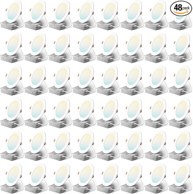 Amico 48 Pack 6 Inch 5CCT Ultra-Thin LED Recessed Ceiling Light with Metal Junction Box, 2700K-5000K Selectable, 12W Eqv 1...