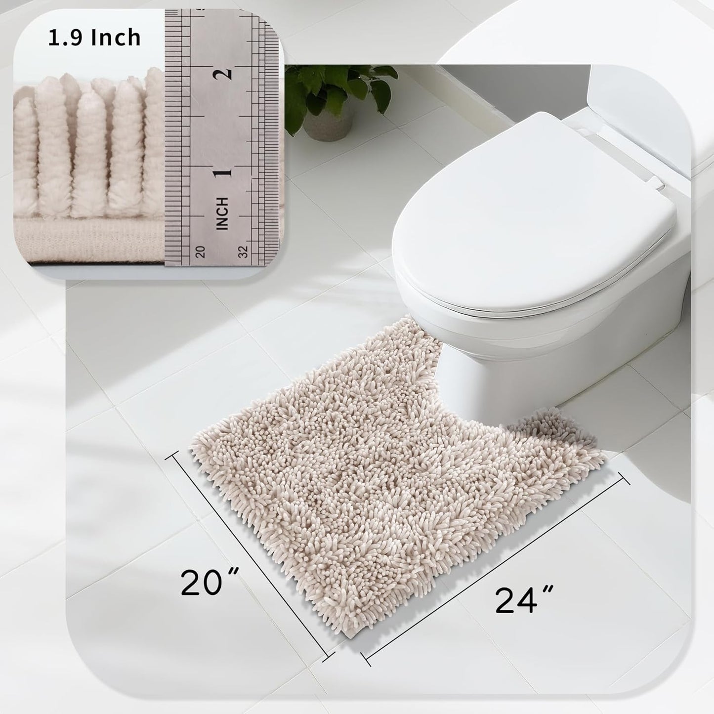 Yimobra Toilet Rugs U Shaped Washable, Extra Thick Soft Absorbent Chenille Contour Bathroom Rugs for Toilet 24x20 Inch, Quick Dry Non Slip Toilet Mat for Bath Floor, Khaki