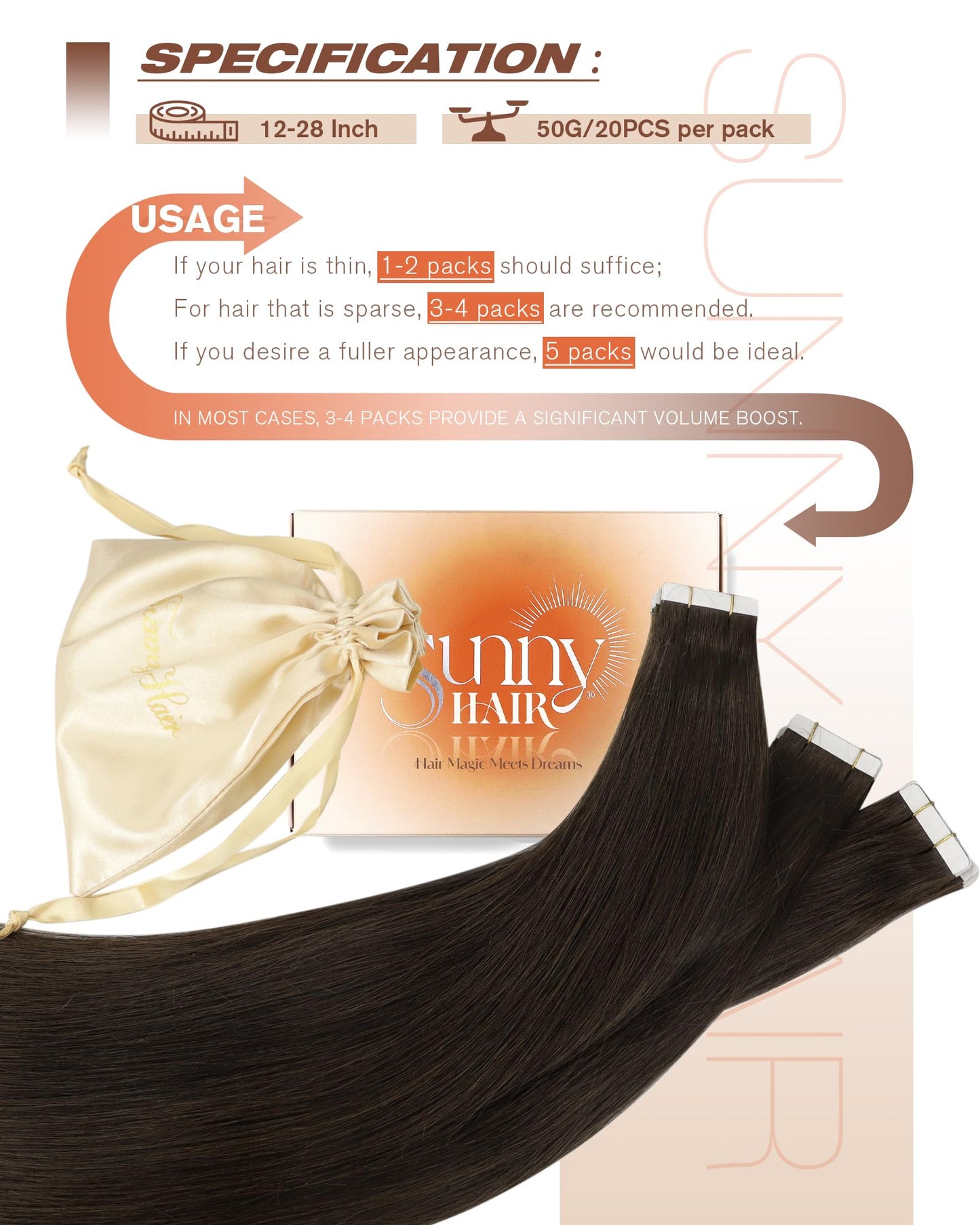 Sunny Hair Tape in Hair Extensions Real Human Hair Invisible Remy Hair Extensions Tape ins for Women Dark Brown 20 inch 20Pcs 50